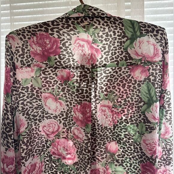 Guess M-L Brown Pink Animal Print Peony Floral Button Front Long Sleeve Blouse - Picture 4 of 13